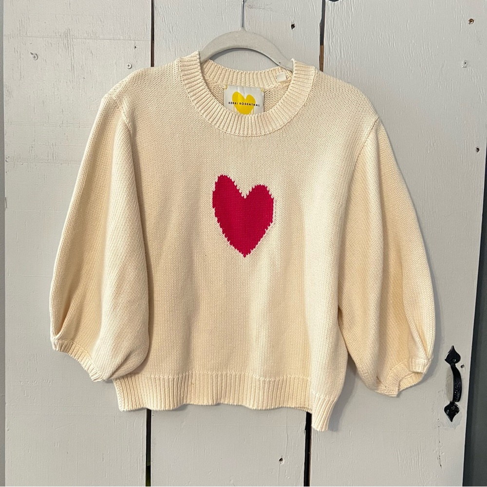 Kerri Rosenthal Lala Imperfect Red Heart Cream Crew Neck Sweater Size XS
